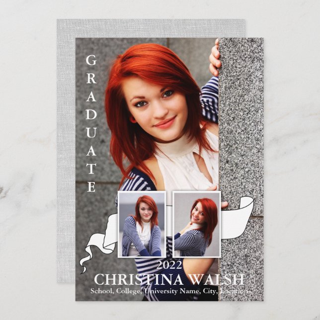 Keepsaké 3 Photo White Ribbon Studenten Inbjudningar (Fram/baksida)