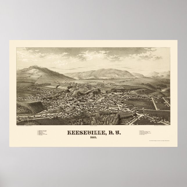 Keeseville, New York Panoramic Karta - 1887 Poster (Framsidan)