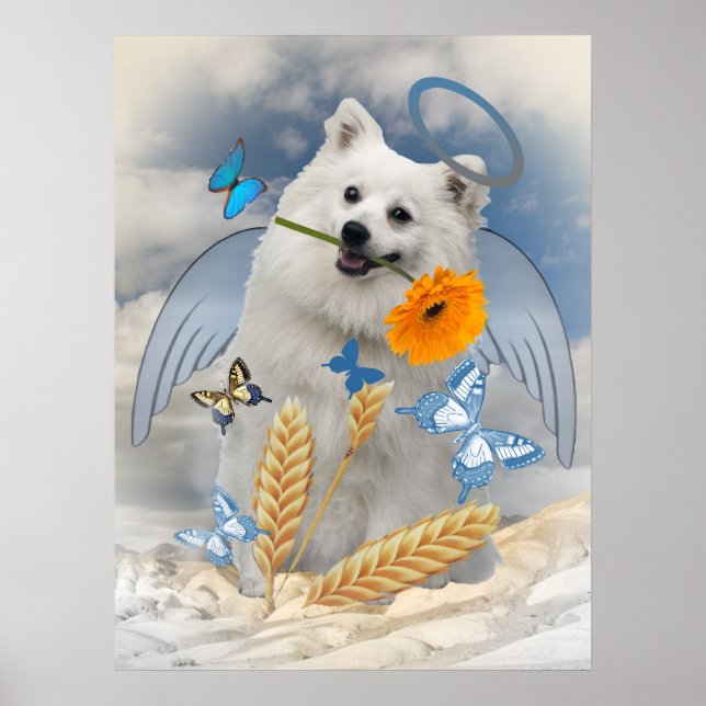 Keeshond Angel Stands with Butterflies art Poster (Framsidan)