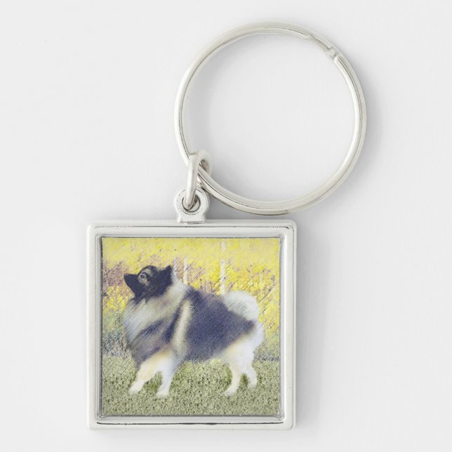 Keeshond Aspen-målning - Cute Original Hund Art Fyrkantig Silverfärgad Nyckelring (Framsidan)