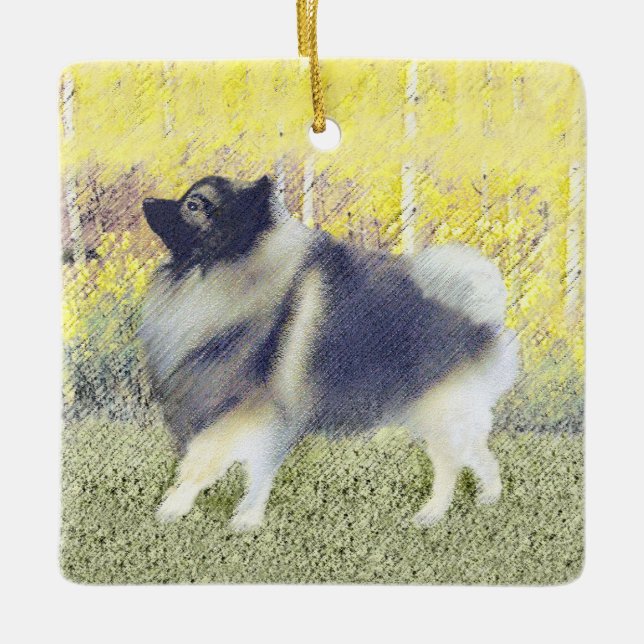 Keeshond Aspen-målning - Cute Original Hund Art Julgransprydnad Keramik (Framsida)