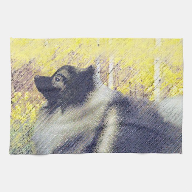 Keeshond Aspen-målning - Cute Original Hund Art Kökshandduk (Horisontell)