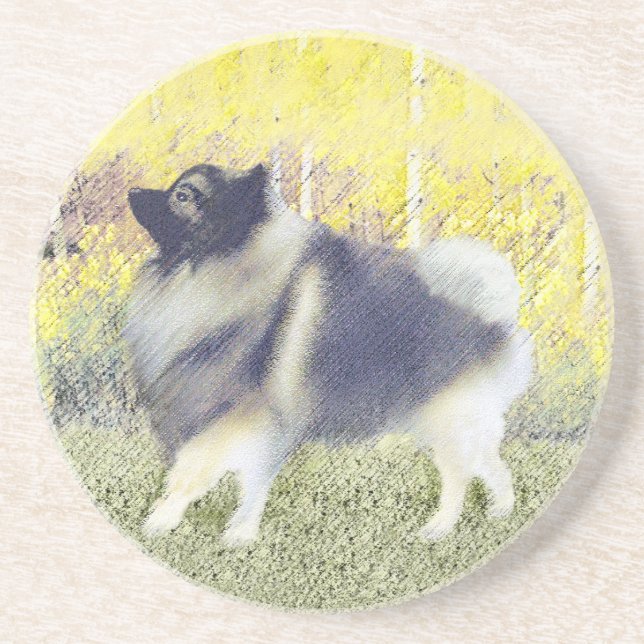 Keeshond Aspen-målning - Cute Original Hund Art Underlägg Sandsten (Framsidan)