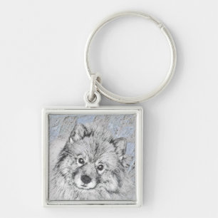 Keeshond Beth-målning - Cute Original Hund Art Fyrkantig Silverfärgad Nyckelring