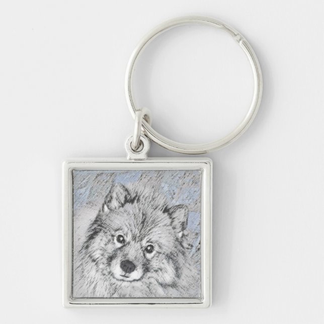 Keeshond Beth-målning - Cute Original Hund Art Fyrkantig Silverfärgad Nyckelring (Framsidan)