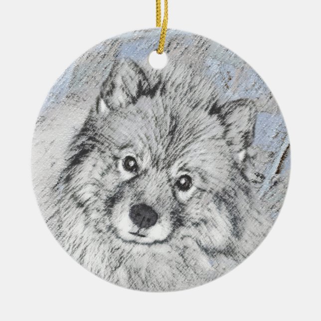 Keeshond Beth-målning - Cute Original Hund Art Julgransprydnad Keramik (Framsidan)
