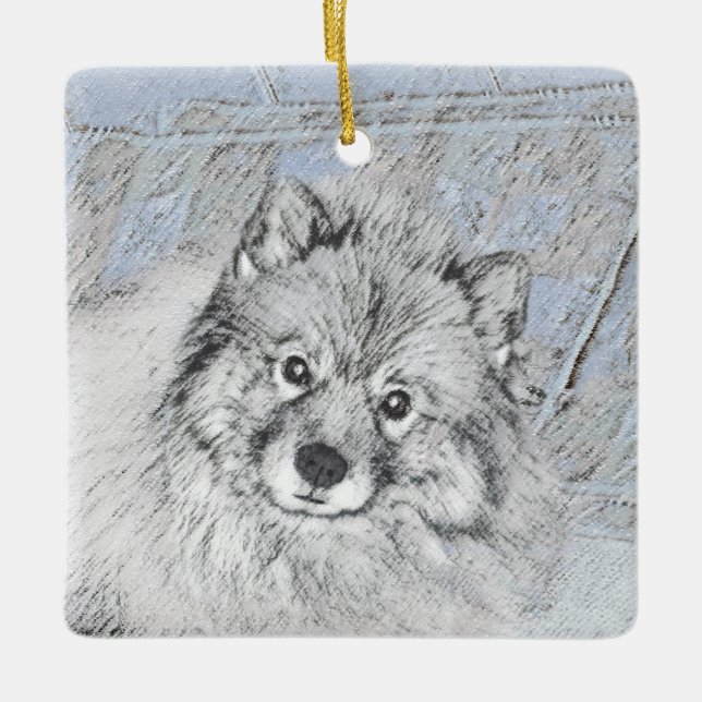 Keeshond Beth-målning - Cute Original Hund Art Julgransprydnad Keramik (Framsida)