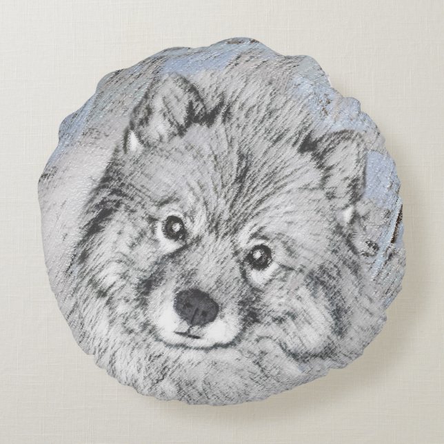 Keeshond Beth-målning - Cute Original Hund Art Rund Kudde (Baksidan)