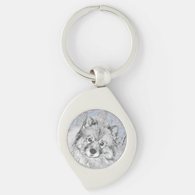 Keeshond Beth-målning - Cute Original Hund Art Swirl Silverfärgad Nyckelring (Framsidan)