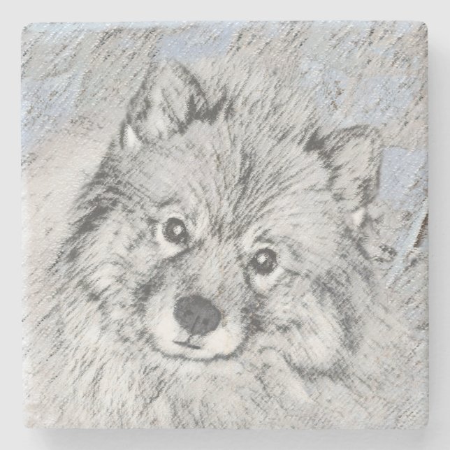 Keeshond Beth-målning - Cute Original Hund Art Underlägg Sten (Framsidan)