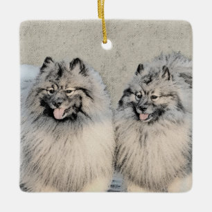 Keeshond Brothers Painting - Original Hund Art Julgransprydnad Keramik