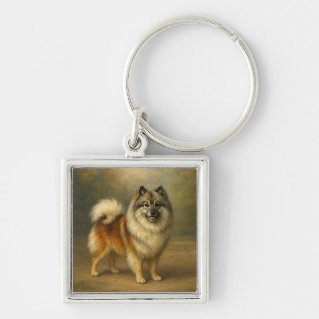 Keeshond Fyrkantig Silverfärgad Nyckelring (Framsidan)