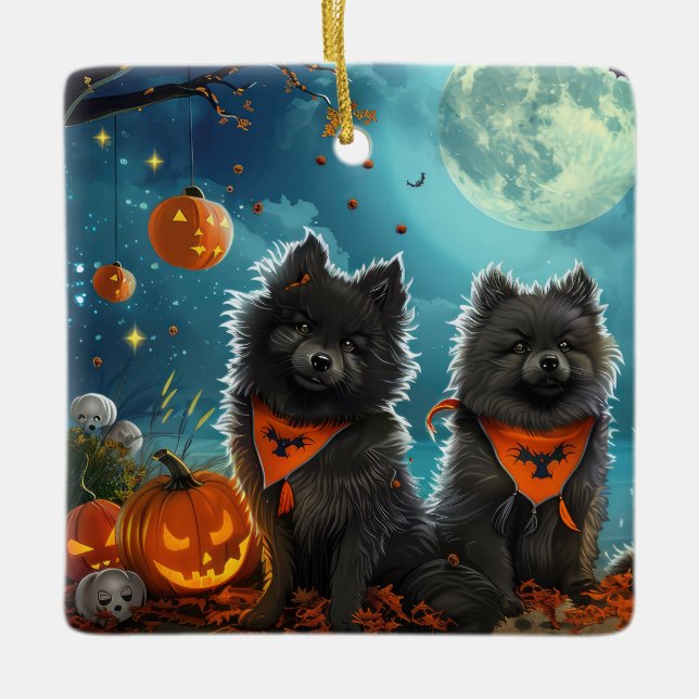 Keeshond Halloween Kuslig Julgransprydnad Keramik (Framsida)