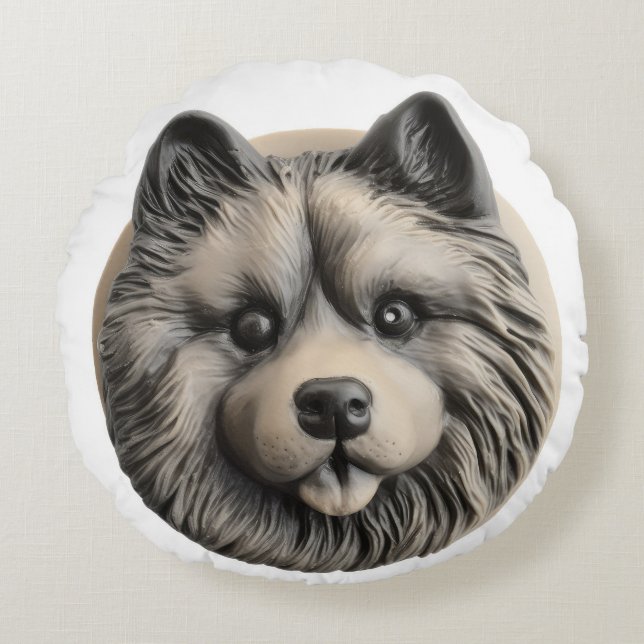 Keeshond Hund 3D Inspirerad Rund Kudde (Framsidan)