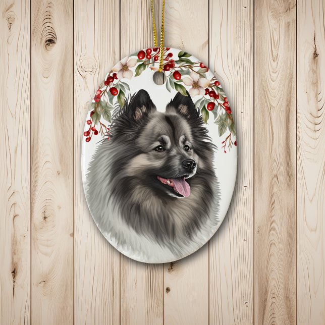 Keeshond Hund Holly Berry jul Julgransprydnad Keramik (Skapare uppladdad)