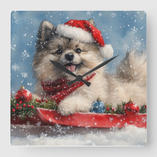 Keeshond Hund i Släd Låt det Snöa Jul Fyrkantig Klocka