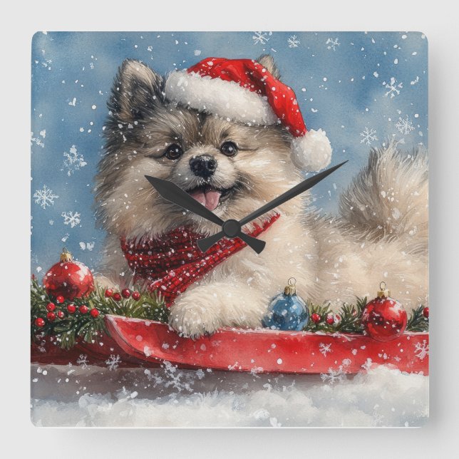 Keeshond Hund i Släd Låt det Snöa Jul Fyrkantig Klocka (Framsida)