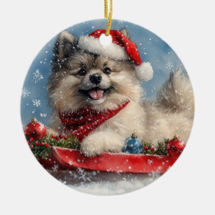 Keeshond Hund i Släd Låt det Snöa Jul Julgransprydnad Keramik