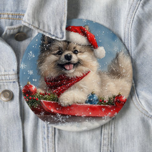 Keeshond Hund i Släd Låt det Snöa Jul Knapp