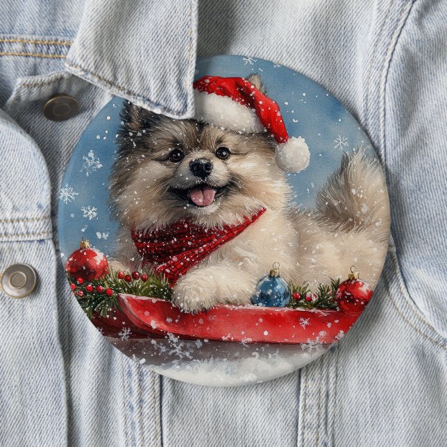 Keeshond Hund i Släd Låt det Snöa Jul Knapp (In Situ)