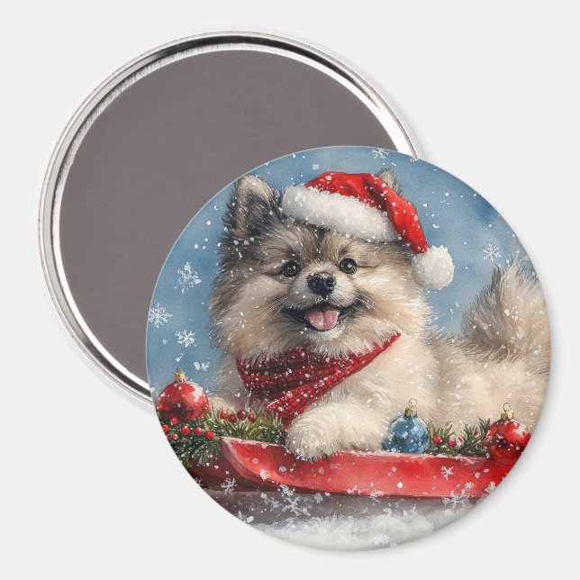 Keeshond Hund i Släd Låt det Snöa Jul Magnet (Front/Back)