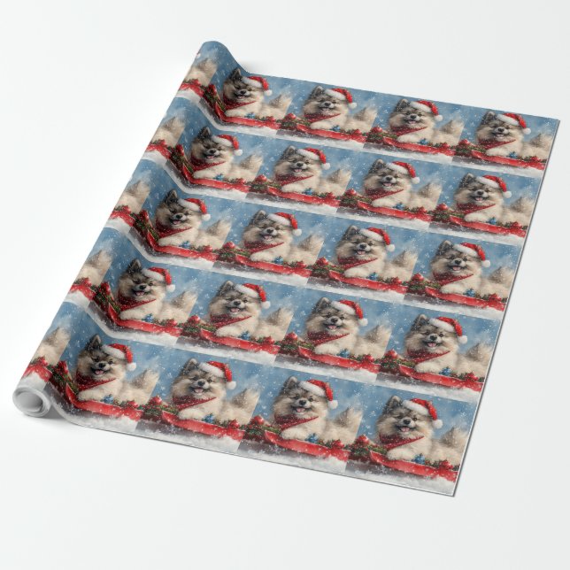 Keeshond Hund i Släd Låt det Snöa Jul Presentpapper (Utrullad)