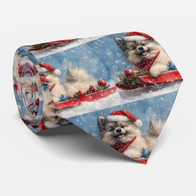 Keeshond Hund i Släd Låt det Snöa Jul Slips (Rullad)