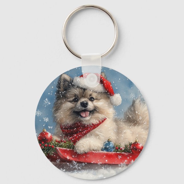 Keeshond Hund i Sledge Låt det snöa jul Nyckelring (Framsida)
