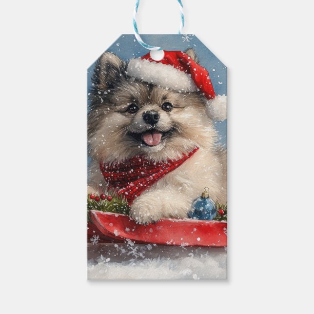 Keeshond Hund i Sledge Låt det snöa jul Presentetikett (Framsidan)