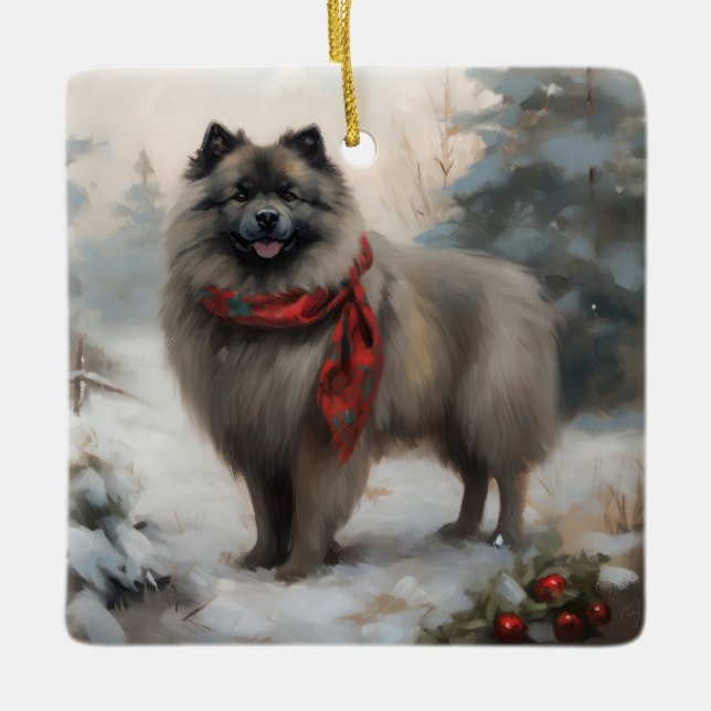 Keeshond Hund i Snö-julen Julgransprydnad Keramik (Framsida)