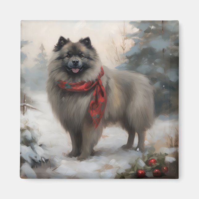 Keeshond Hund i Snö-julen Magnet (Framsidan)
