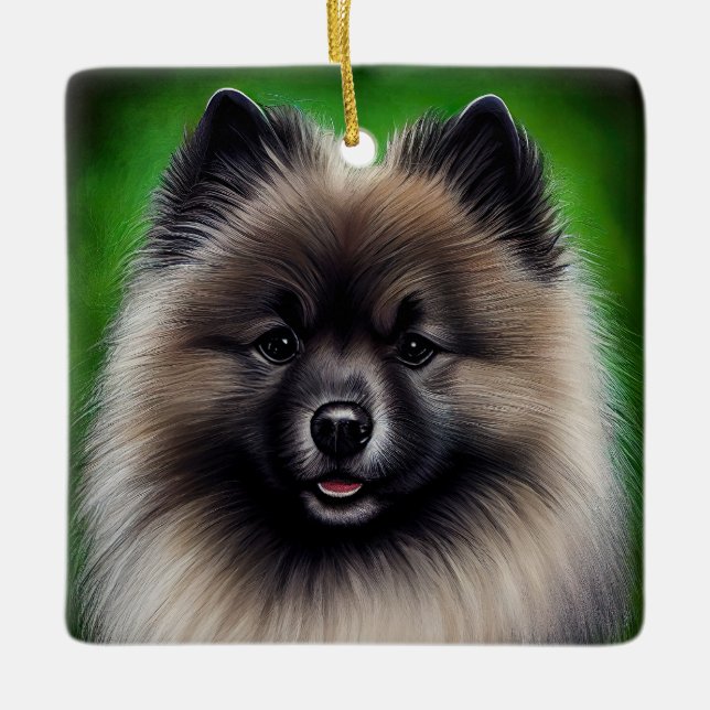 Keeshond Hund i St. Patrick Dress Julgransprydnad Keramik (Framsida)