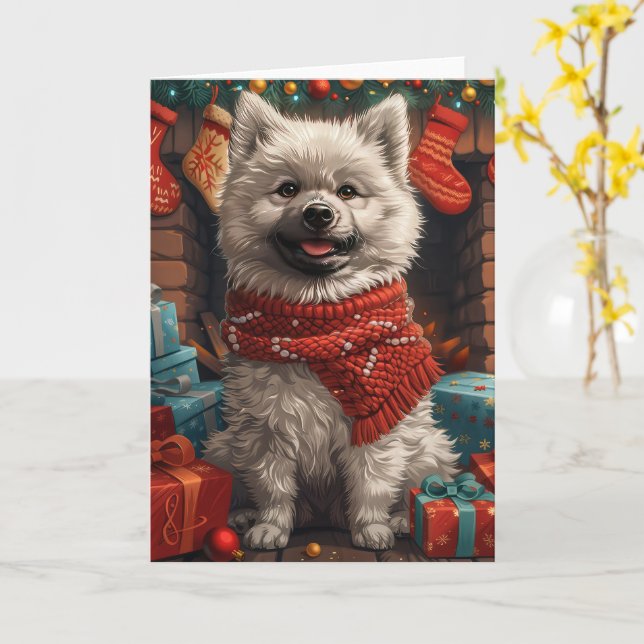 Keeshond Hund Med Julpresenter Öppen Spis Kort (Gul blomma)