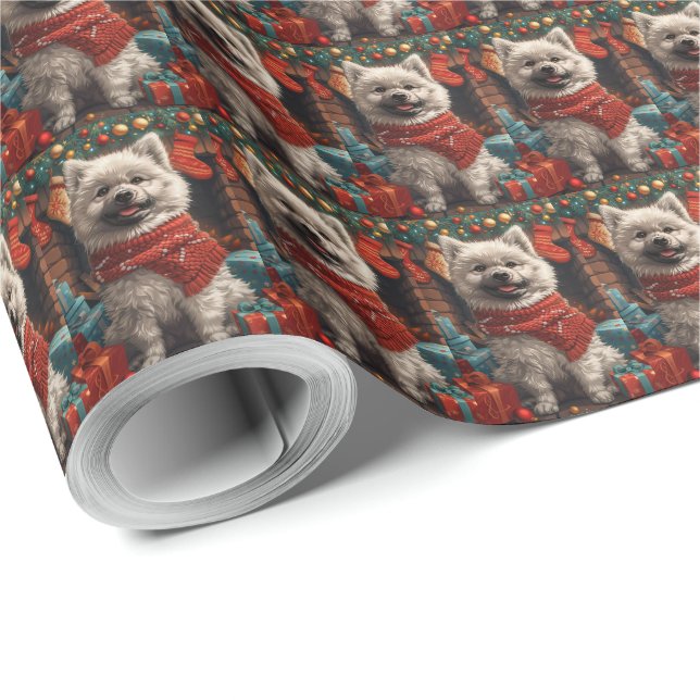 Keeshond Hund Med Julpresenter Öppen Spis Presentpapper (Rulle Hörn)