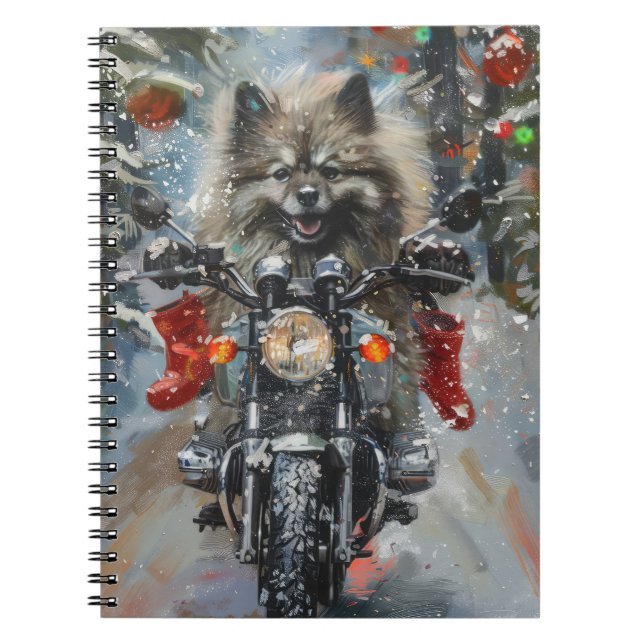 Keeshond Hund Riding Motorcycle jul Anteckningsbok (Framsidan)
