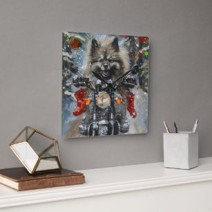 Keeshond Hund Riding Motorcycle jul Fyrkantig Klocka