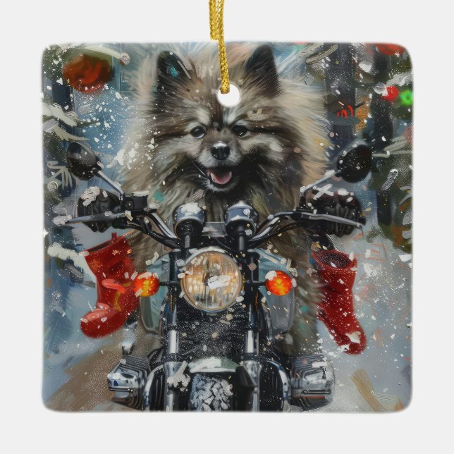 Keeshond Hund Riding Motorcycle jul Julgransprydnad Keramik (Framsida)