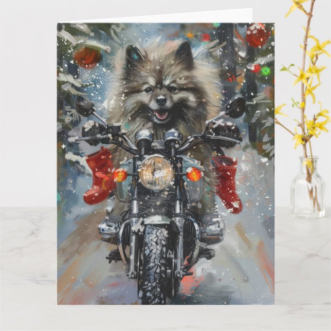 Keeshond Hund Riding Motorcycle jul Kort (Gul blomma)