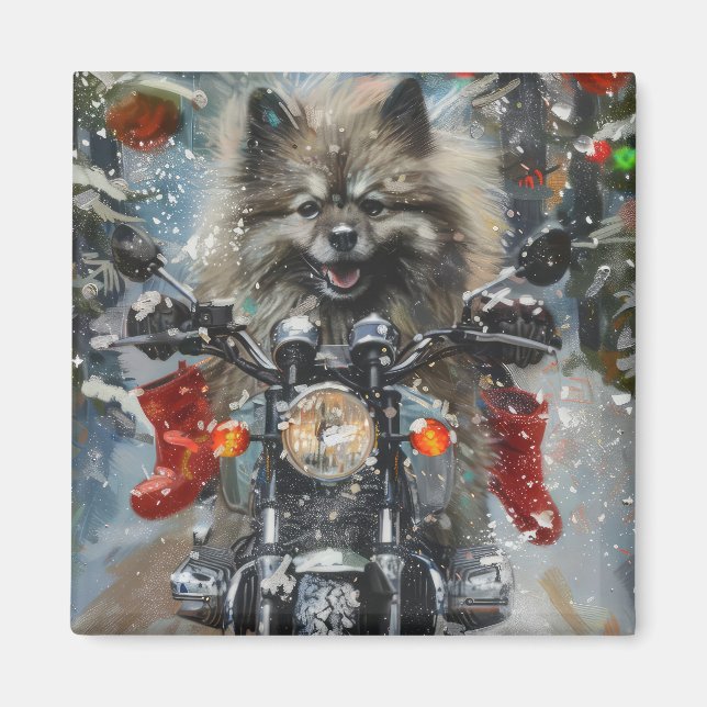 Keeshond Hund Riding Motorcycle jul Magnet (Framsidan)