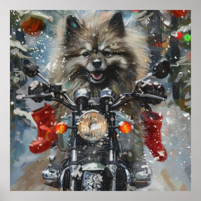 Keeshond Hund Riding Motorcycle jul Poster (Framsidan)