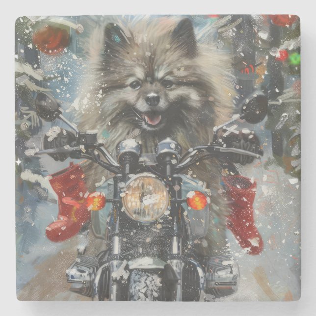 Keeshond Hund Riding Motorcycle jul Stenunderlägg (Framsidan)
