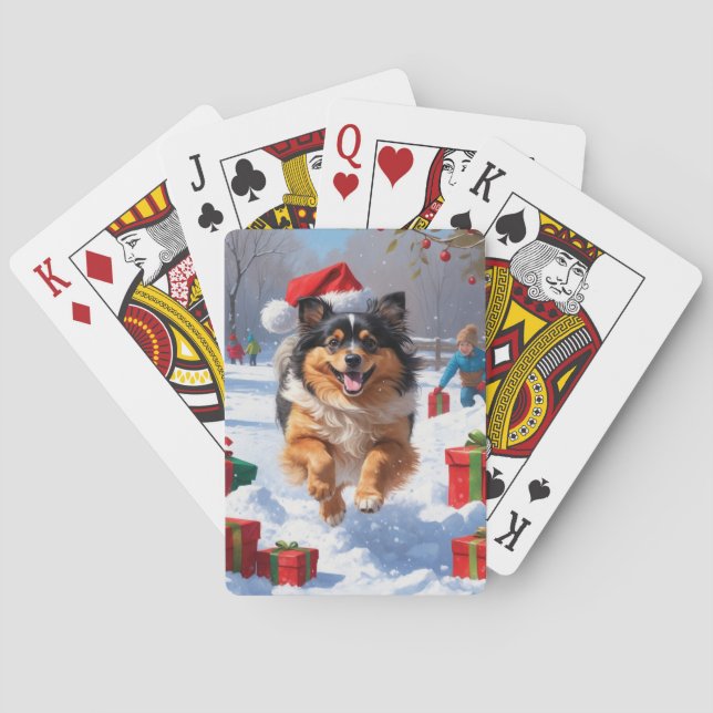 Keeshond Hund Springar i Snö med Julhatt Casinokort (Baksidan)