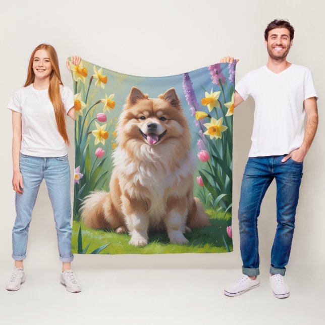 Keeshond Hund Vårblommor Målning  Fleecefilt (På plats)