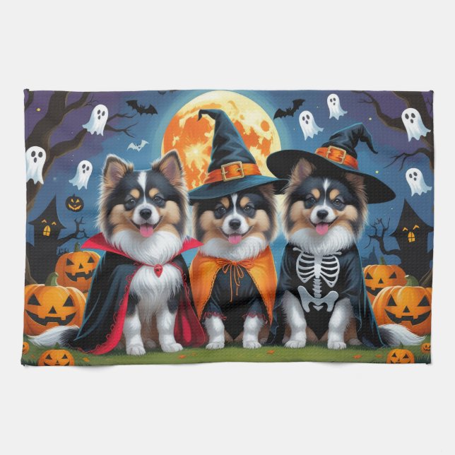 Keeshond Hundar Pumpa Halloween Roligt Kökshandduk (Horisontell)