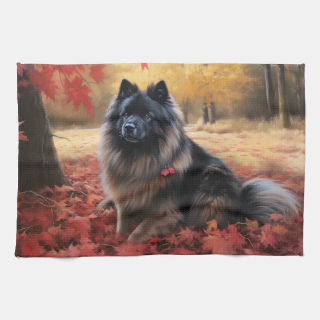 Keeshond i Höst löv Fall Inspire Kökshandduk (Horisontell)