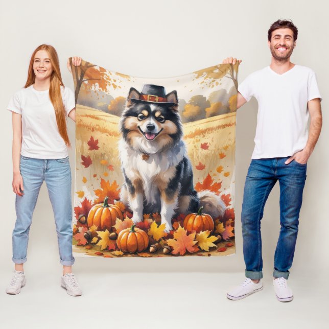 Keeshond i höstlöv tackgivande konst fleecefilt (På plats)