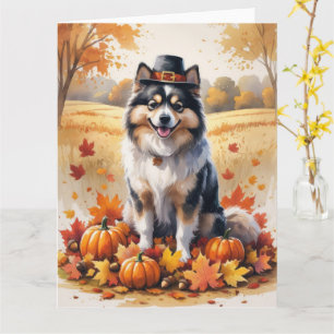 Keeshond i höstlöv tackgivande konst kort