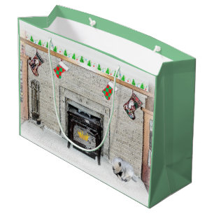 Keeshond jul Puppy Hund by Fireplace Painting