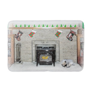 Keeshond jul Puppy Hund by Fireplace Painting Badrumsmatta