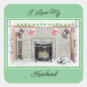 Keeshond jul Puppy Hund by Fireplace Painting Fyrkantigt Klistermärke